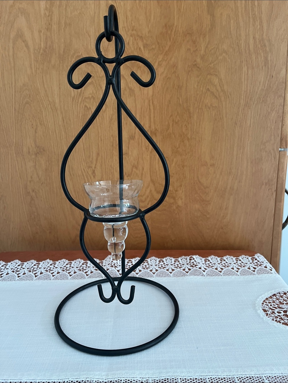 Vintage Black Metal Tabletop Hanging Candle Holder with Glass Votive Cup